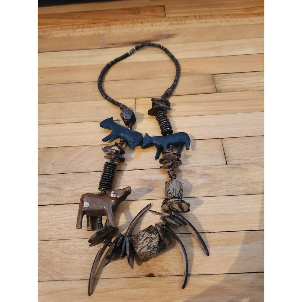 Safari Animal Necklace Wood Bead Carved Wooden African Handmade 14